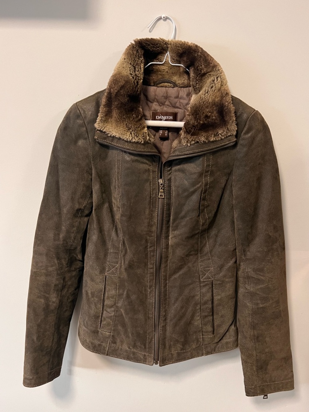 Danier Women's Brown/Greenish Suede Jacket with Plush Fur Collar